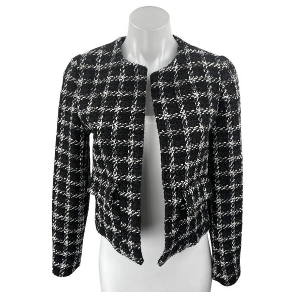 MNG Mango Black White Tweed Plaid Long Sleeve Open Cropped Blazer Jacket Size S - Picture 1 of 4